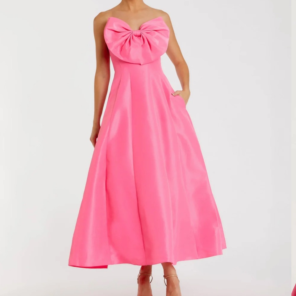 Mac Duggal Candy Pink Strapless A-Line Tea Length Statement Bow Dress